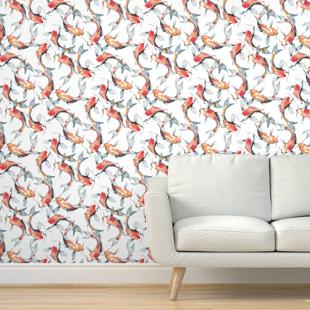 Just Hand-Painted Koi Peel and Stick Wallpaper - Red Orange, White product