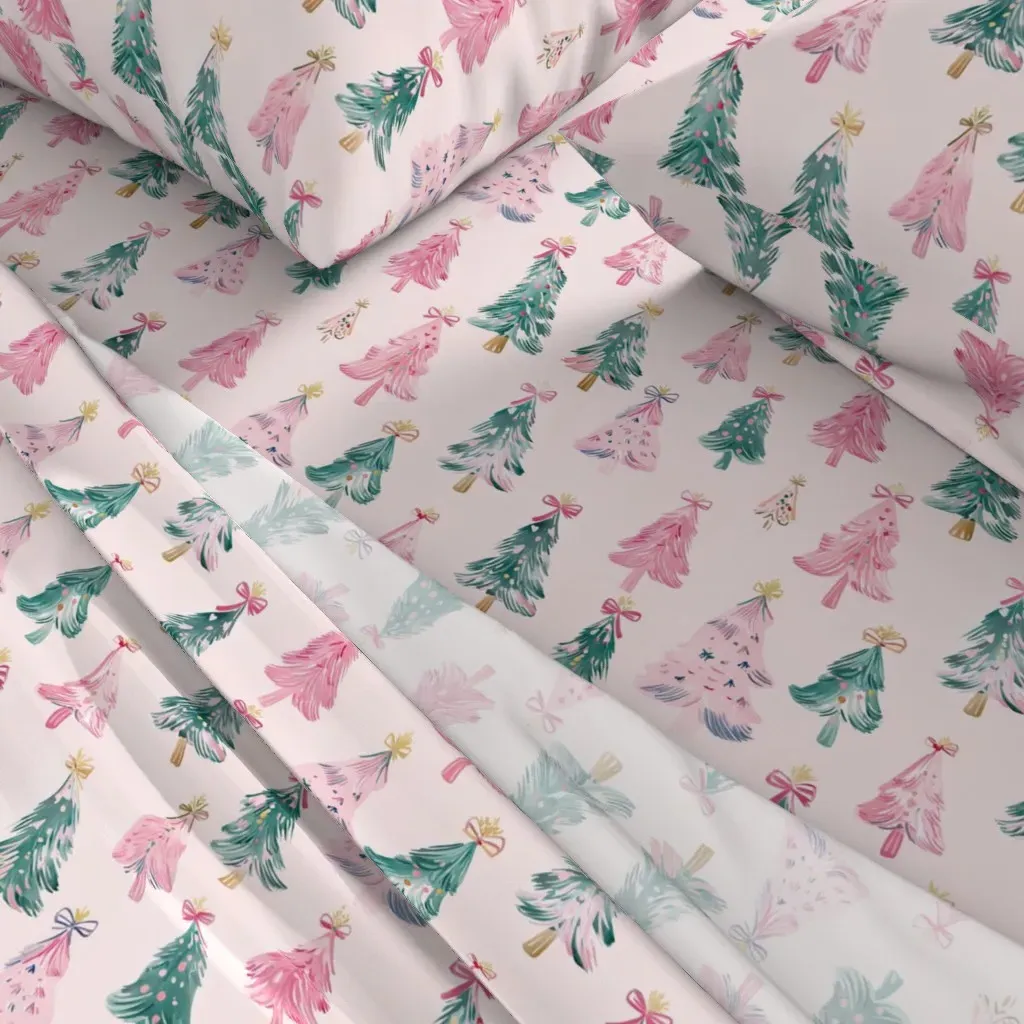 Kawaii Christmas Trees Queen Sheet Set - Pink alternate view