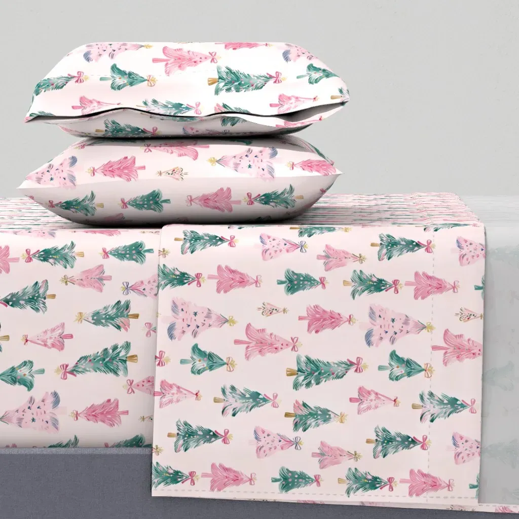 Kawaii Christmas Trees Queen Sheet Set - Pink product
