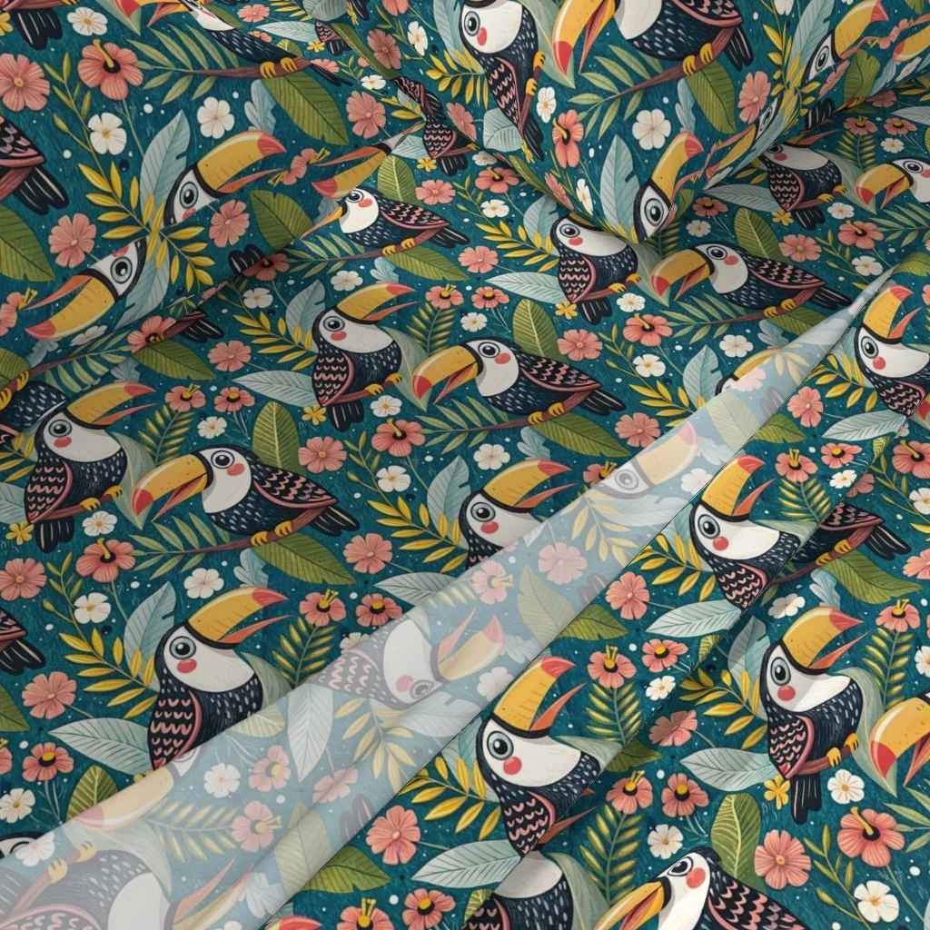 Kawaii Toucans Tropical Leaves Full Sheet Set - Dark Teal alternate view