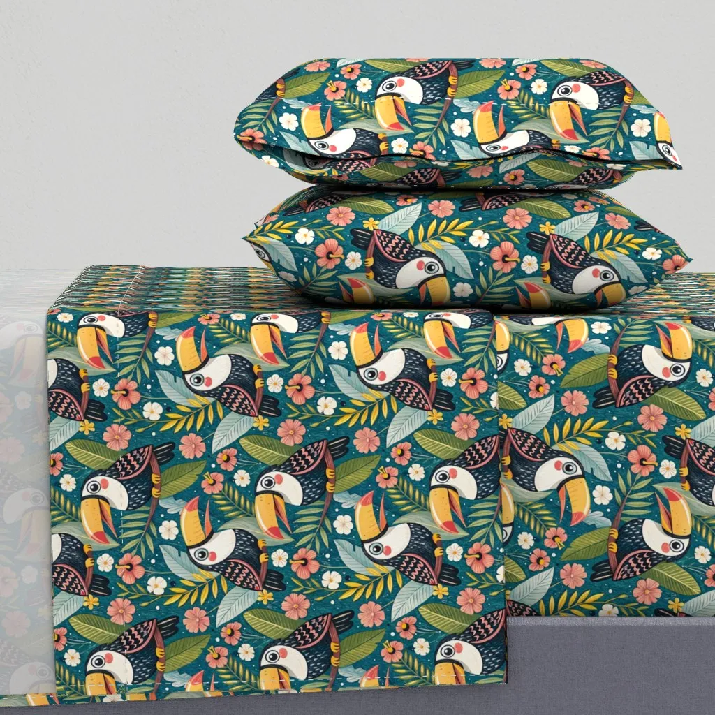 Kawaii Toucans Tropical Leaves Full Sheet Set - Dark Teal product