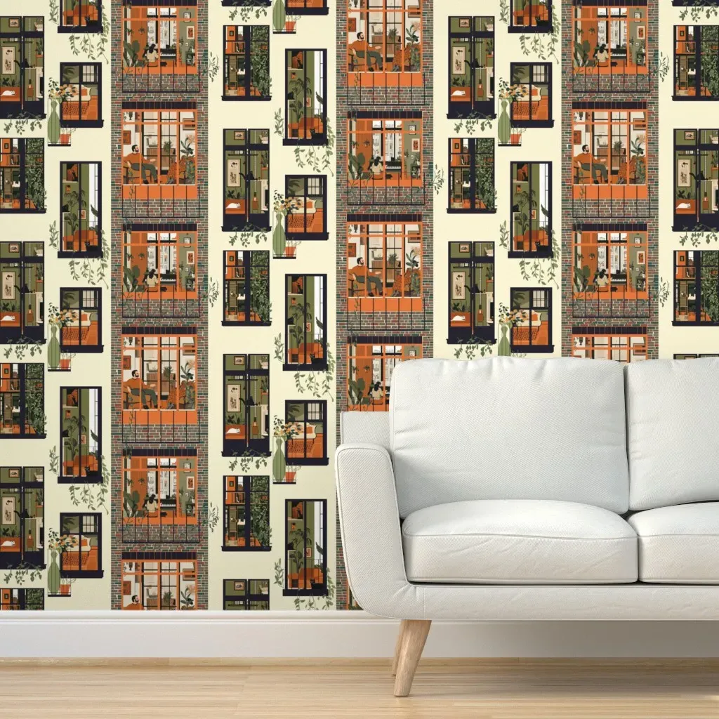 Kedoki Windows In The Apartment Building Peel and Stick Wallpaper - Orange product