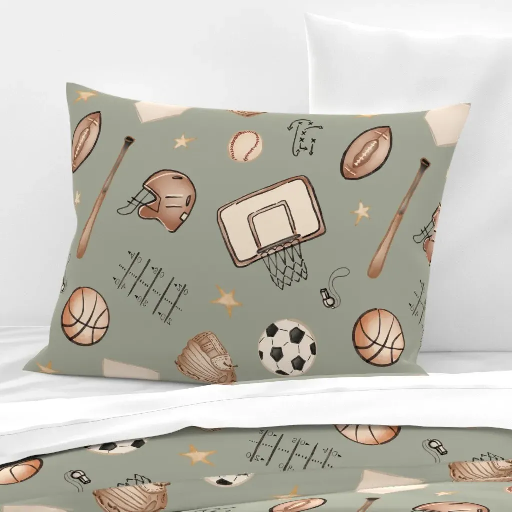 Kids Sports Watercolor Standard Pillow - Sage Green, Cotton Sateen product