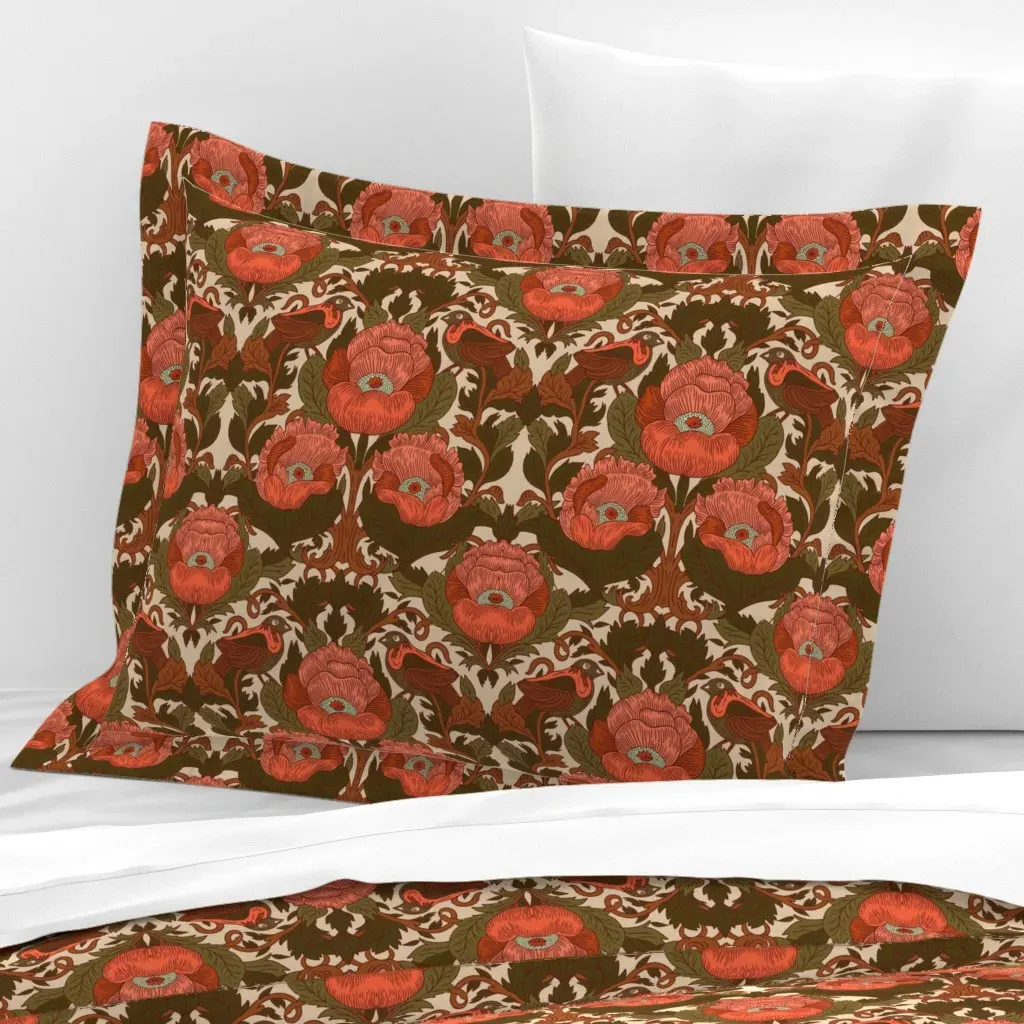Kin Poppy Damask Standard Flanged Pillowcase - Red-Orange, Cotton Sateen product
