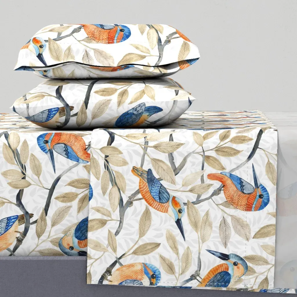 Kingfisher Pattern Watercolor Queen Sheet Set - Blue product