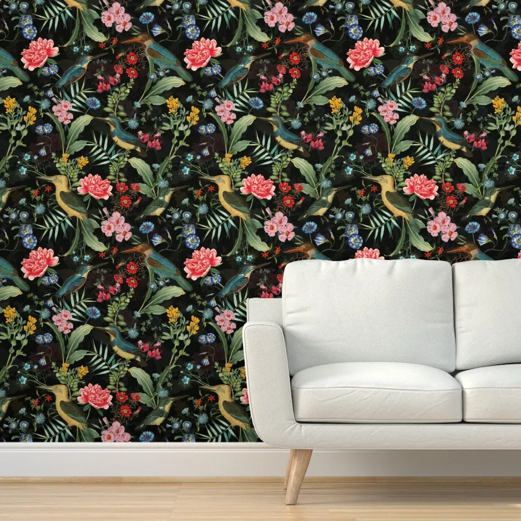 Kingfishers & Exotic Flowers Peel and Stick Wallpaper - Teal product