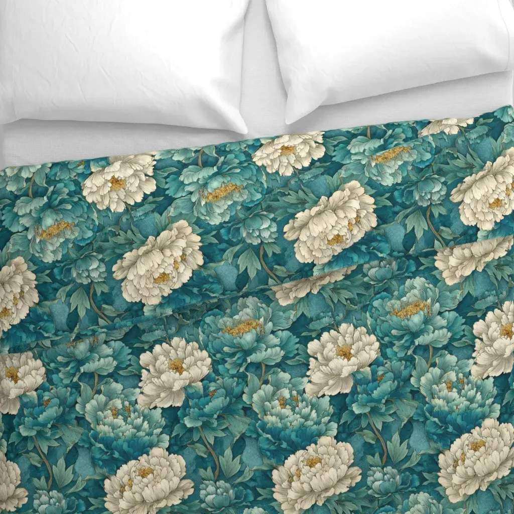 Kinkaku Edo Blossoms Duvet Cover - Teal alternate view