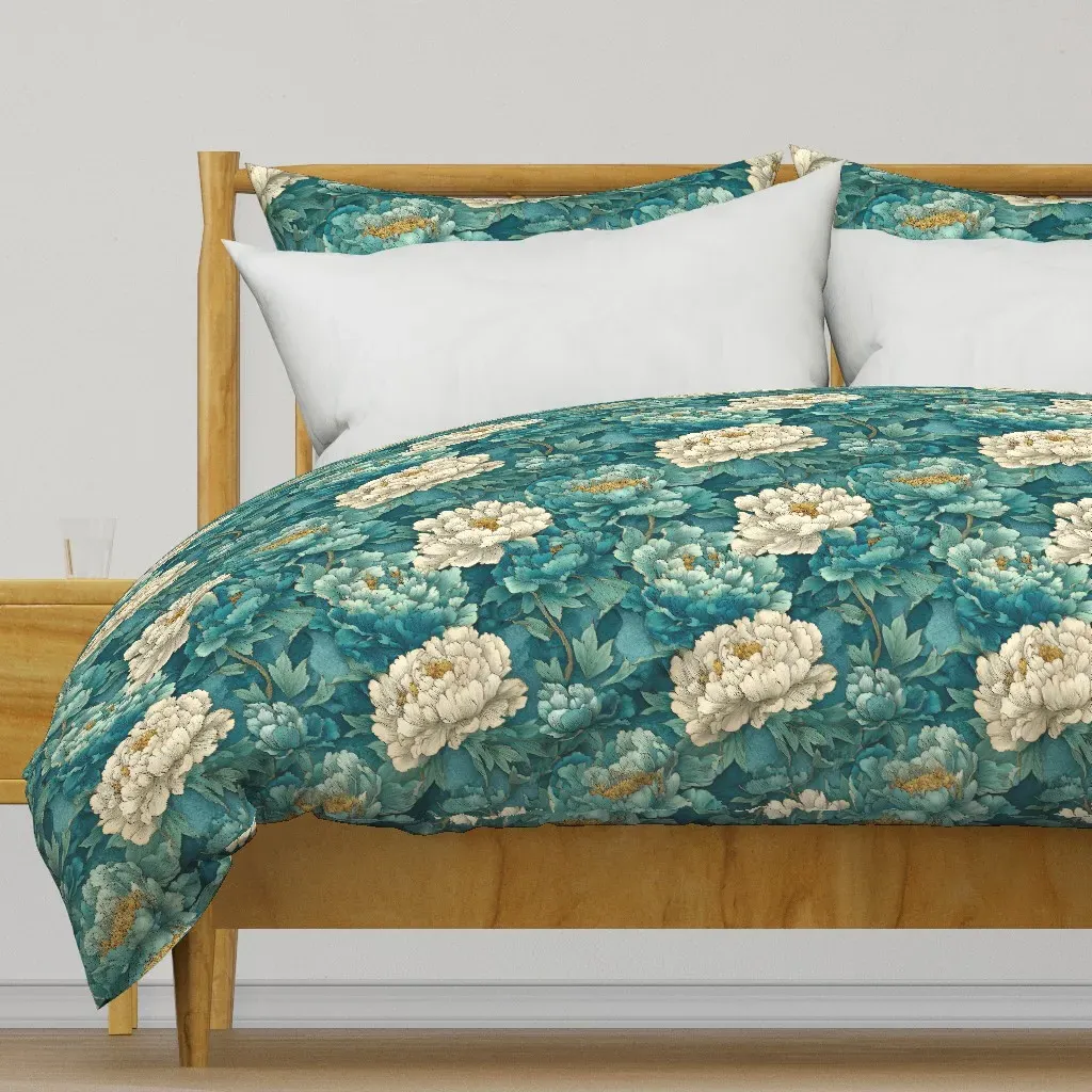 Kinkaku Edo Blossoms Duvet Cover - Teal product