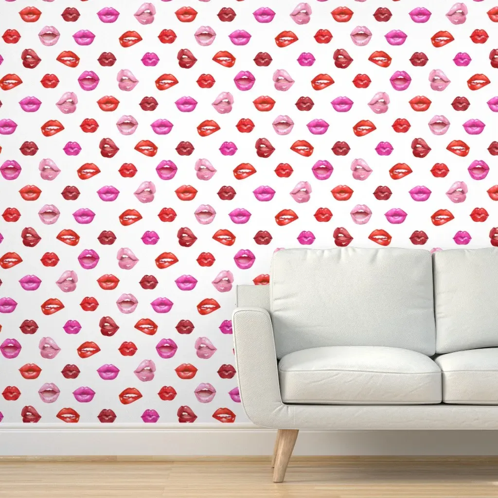 Kiss Kiss Lips Peel and Stick Wallpaper - Pink, Red product