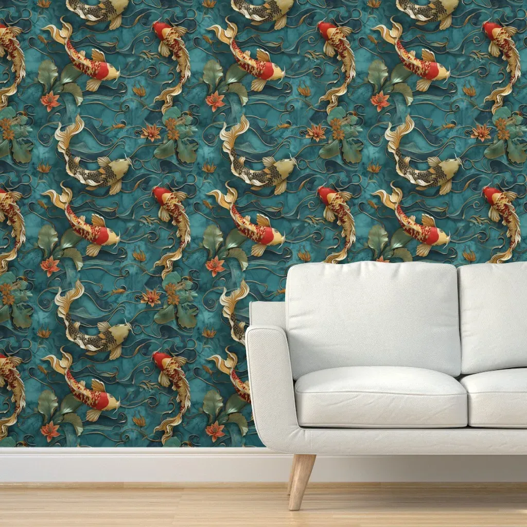 Koi Fish Pond Peel and Stick Wallpaper - Teal product
