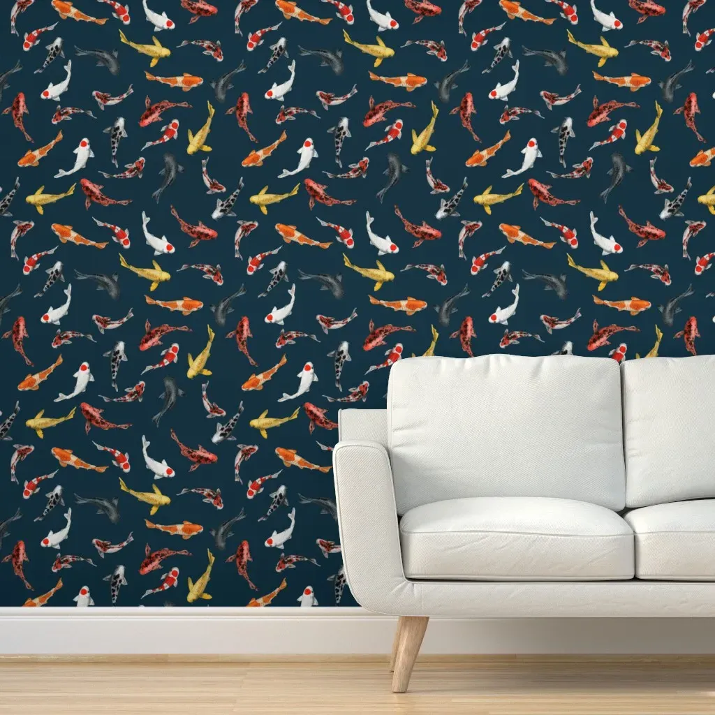 Koi Fish Watercolor Peel and Stick Wallpaper - Dark Teal product
