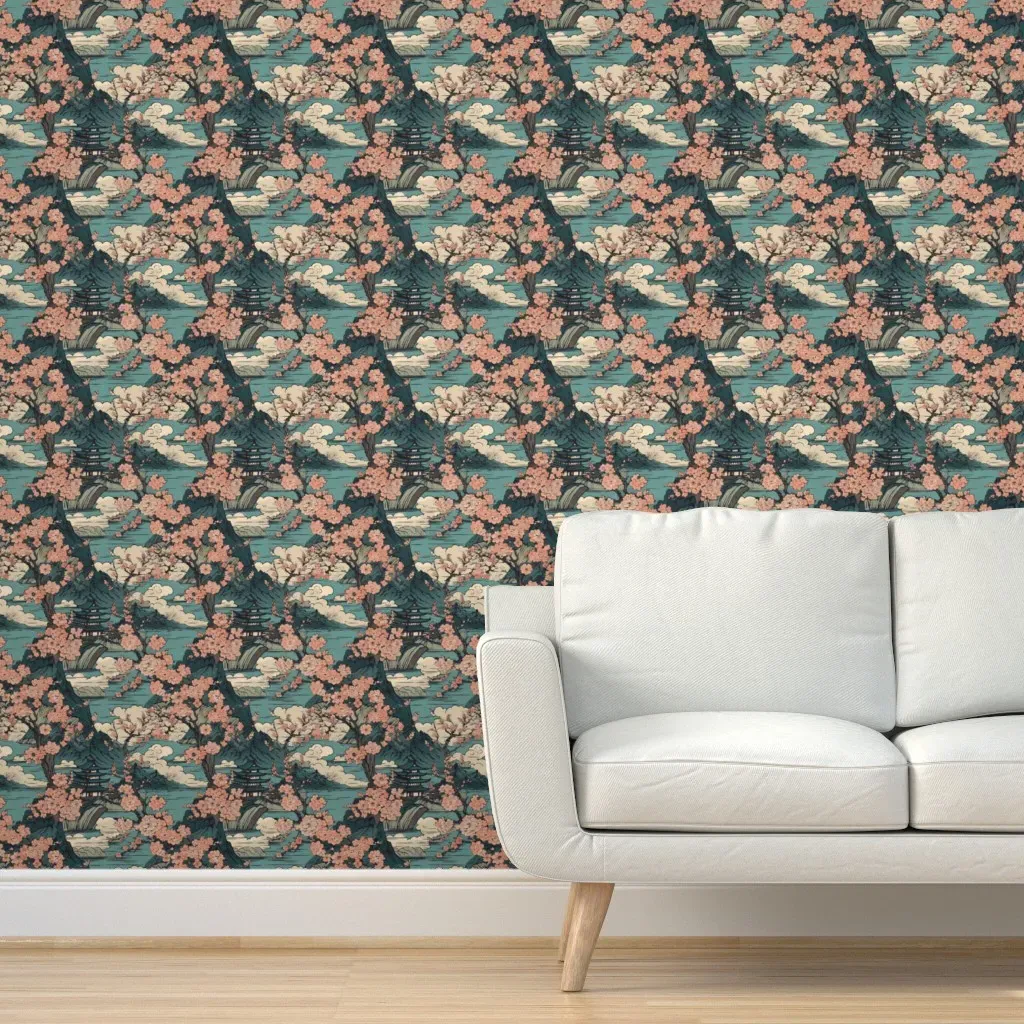 Kyoto Japan Temples Cherry Blossom Peel and Stick Wallpaper - Pink product