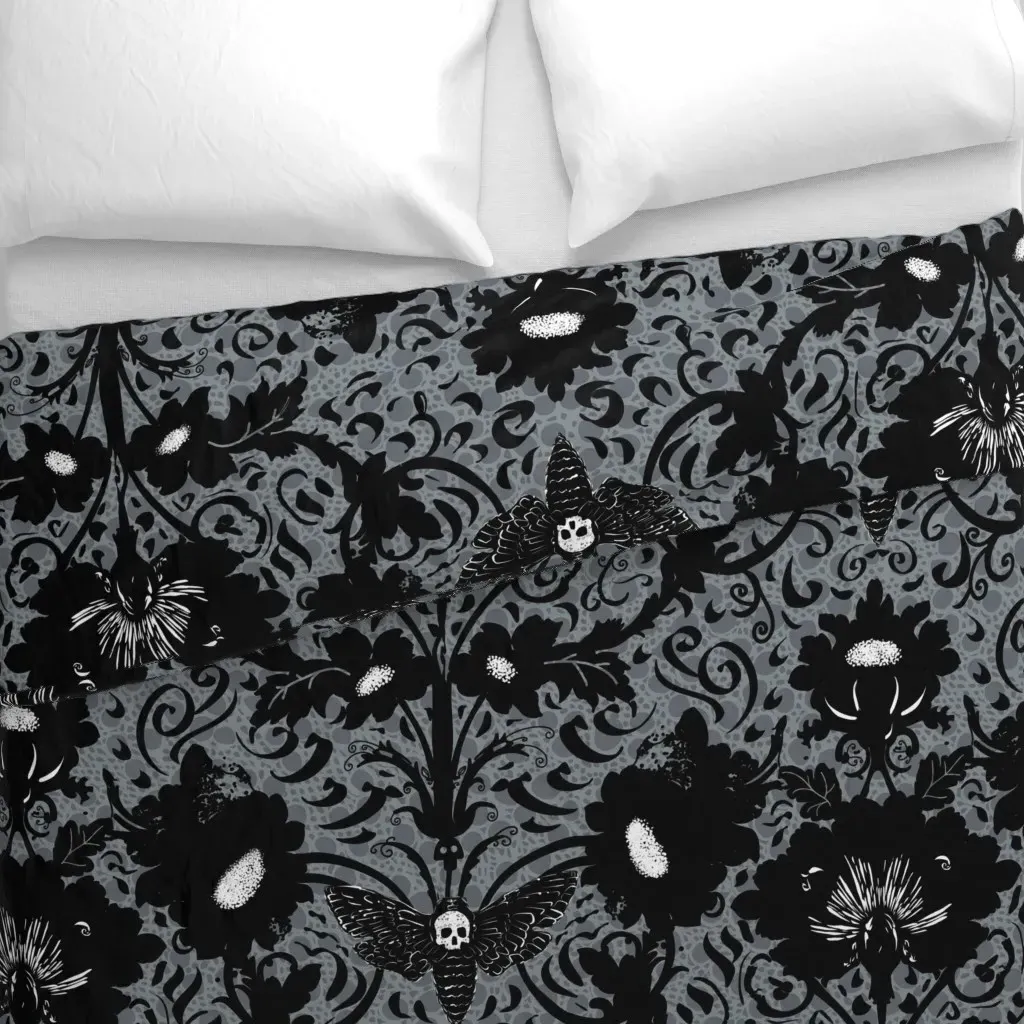 L Creepy Black Flowers Skull Duvet Cover - Black alternate view