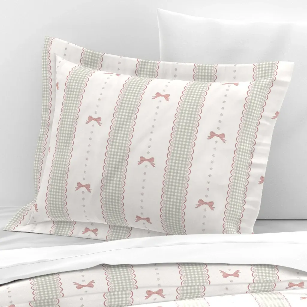 Lacey Gingham Ribbons & Bows Standard Flanged Pillow Sham - Mint Green & Pink, Cotton Sateen product
