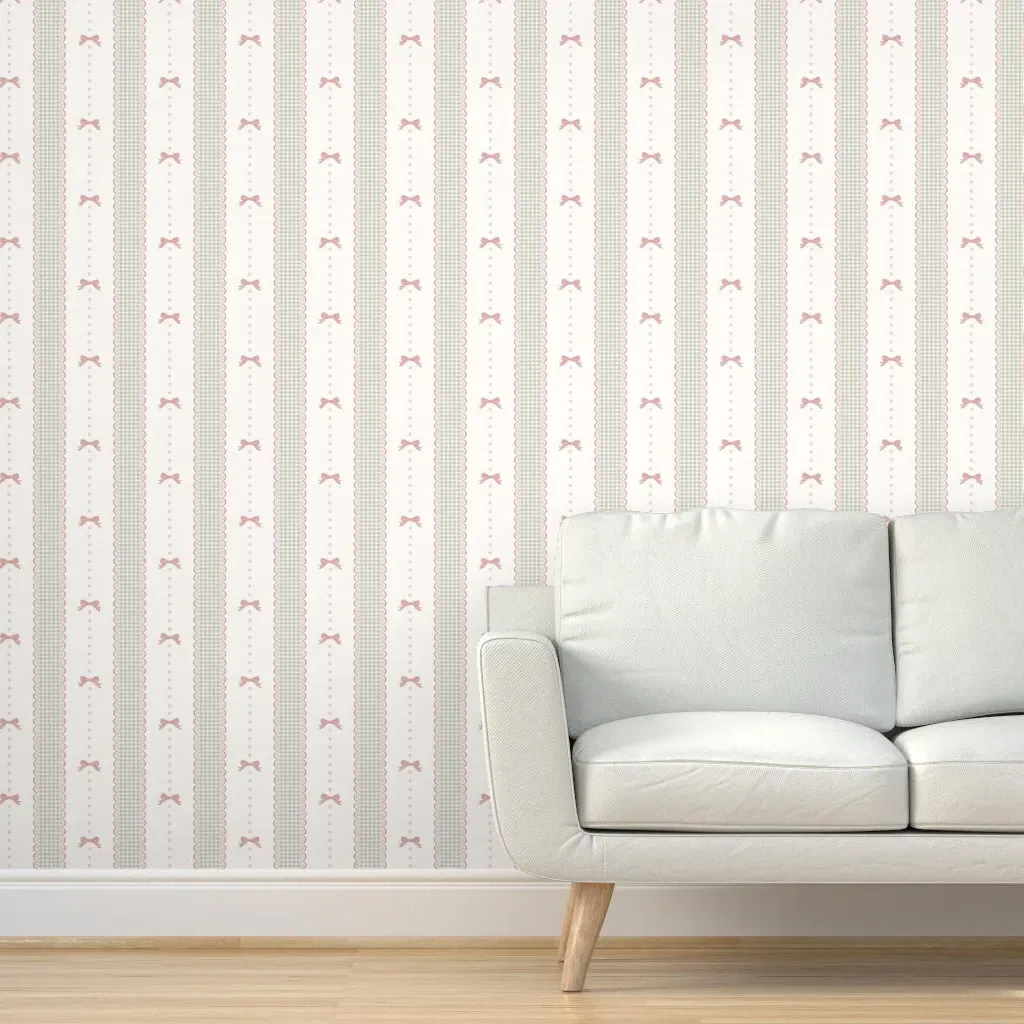 Lacey Preppy Gingham Ribbons & Bows Peel and Stick Wallpaper - Mint Green & Pink product