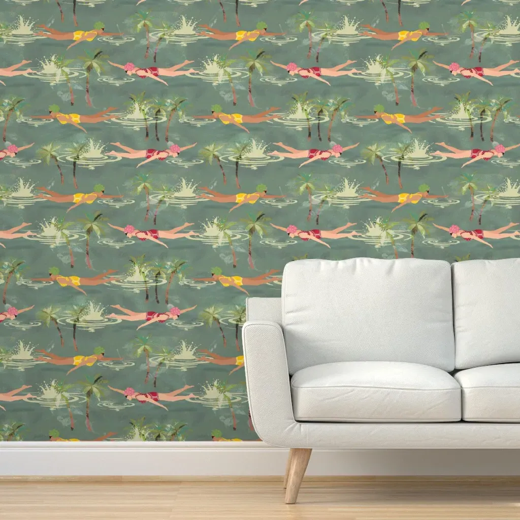 Ladies Swimming Laps Retro Swimwear Peel and Stick Wallpaper - Yellow product