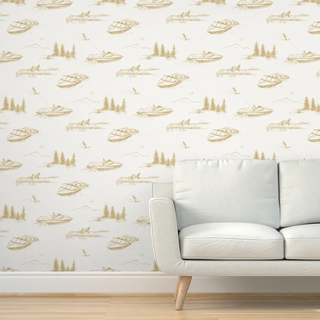 Lake House Water Skiers Peel and Stick Wallpaper - Beige product