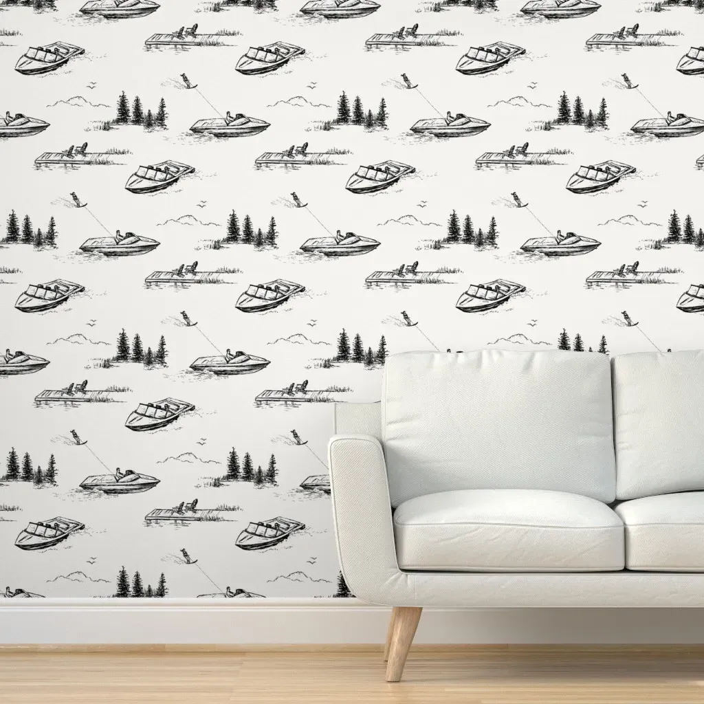 Lake House Water Skiers Peel and Stick Wallpaper - Black product