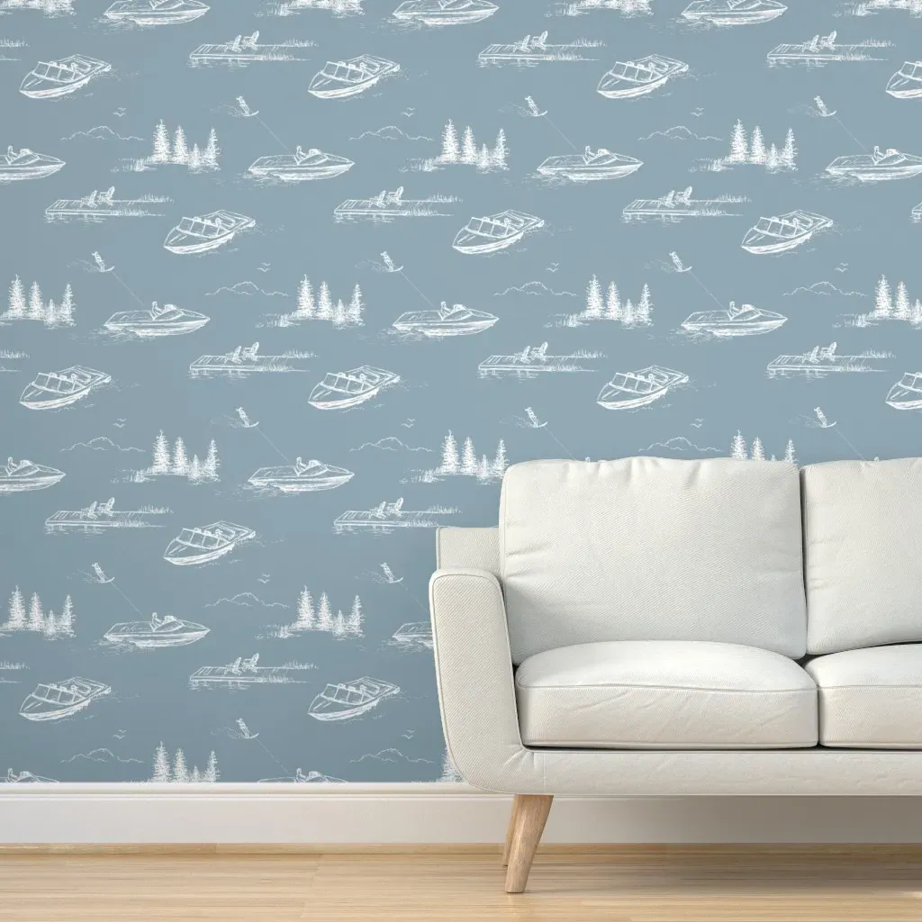 Lake House Water Skiers Peel and Stick Wallpaper - Blue, Ivory product