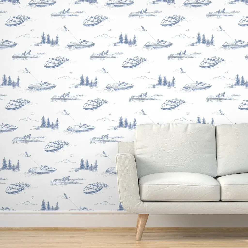 Lake House Water Skiers Peel and Stick Wallpaper - Blue, White product