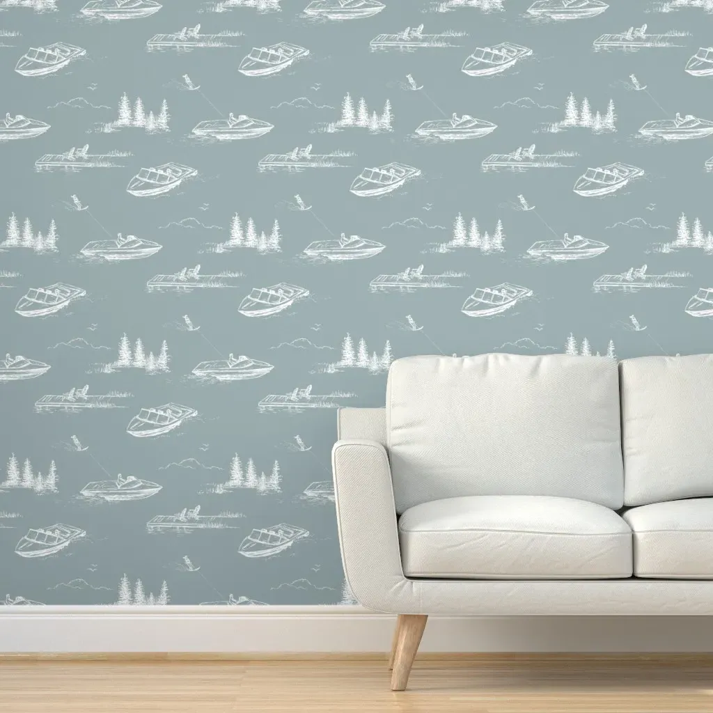 Lake House Water Skiers Peel and Stick Wallpaper - Coastal Blue product