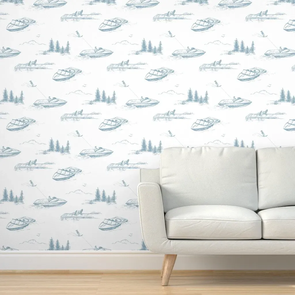 Lake House Water Skiers Peel and Stick Wallpaper - Light Blue product