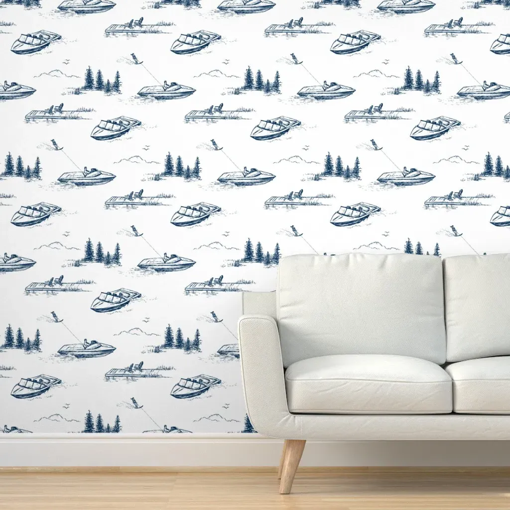 Lake House Water Skiers Peel and Stick Wallpaper - Navy Blue product