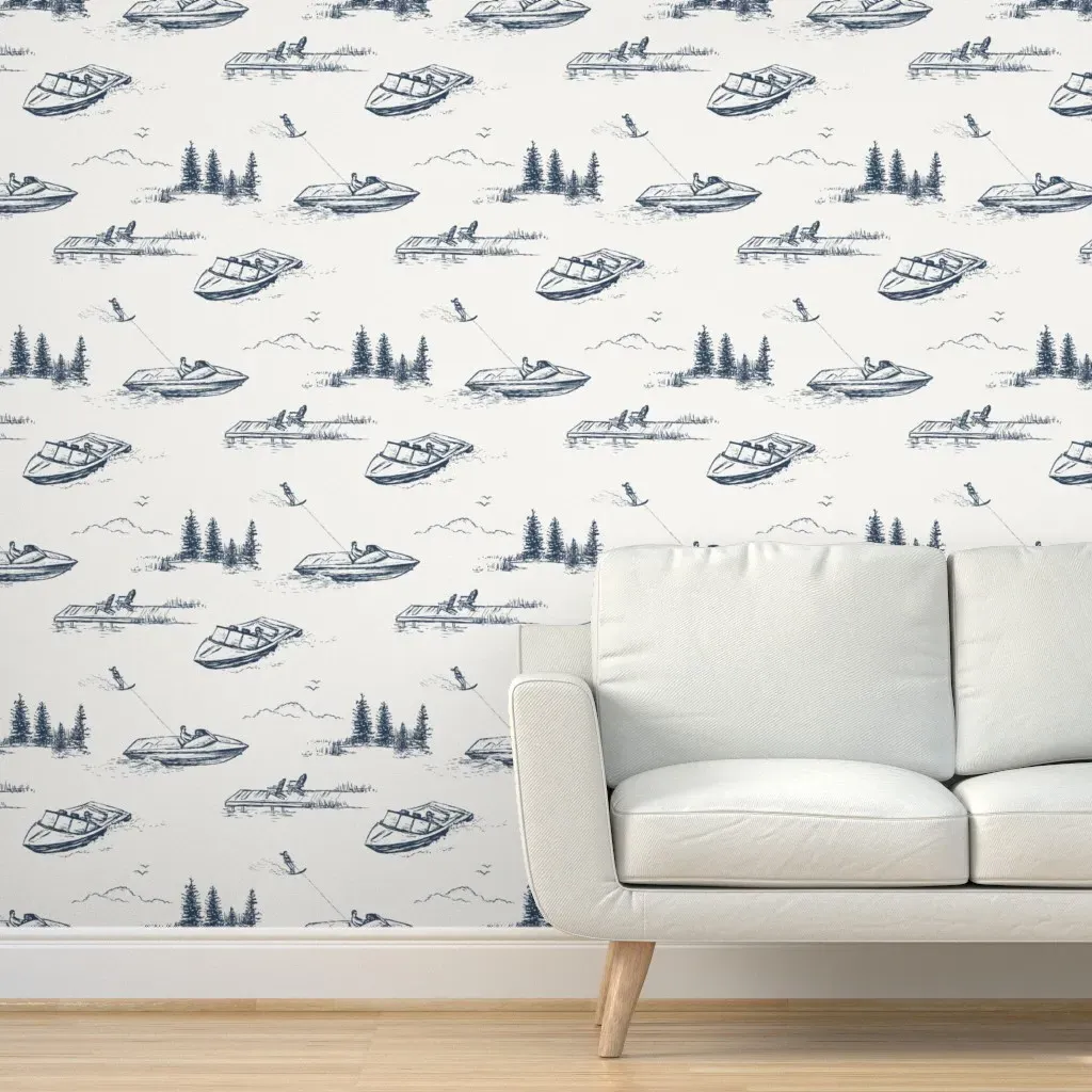 Lake House Water Skiers Peel and Stick Wallpaper - Navy product