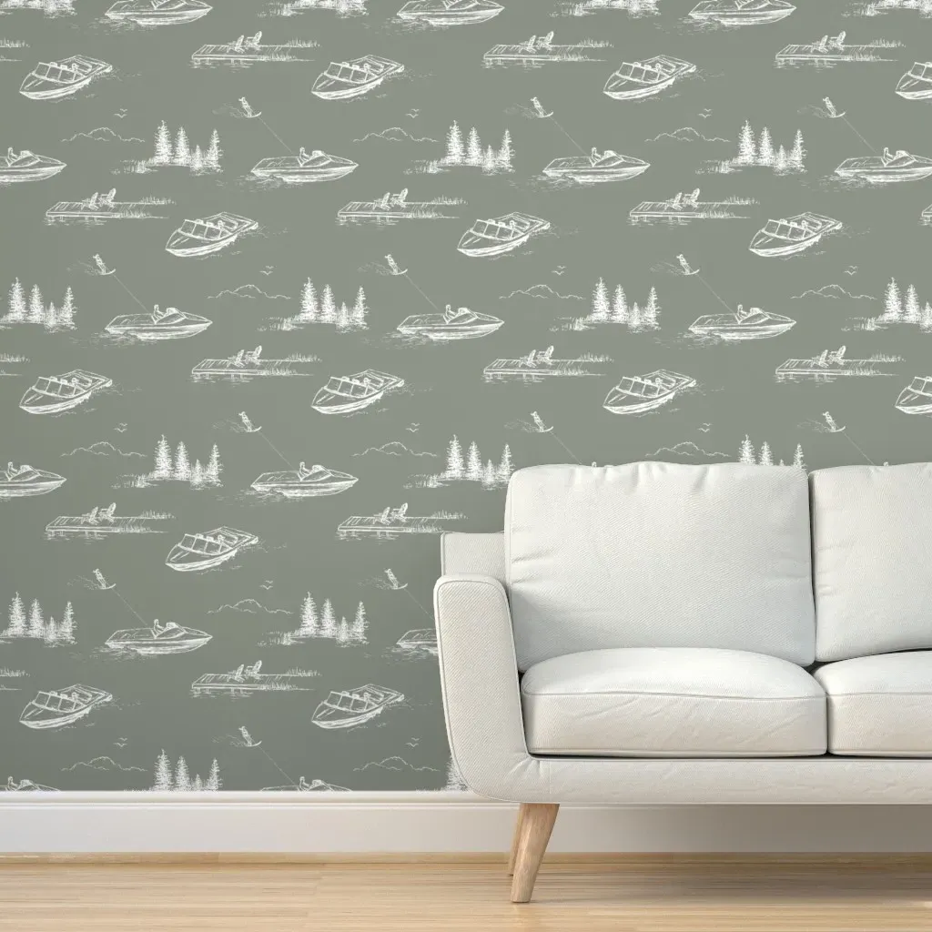Lake House Water Skiers Peel and Stick Wallpaper - Olive Green product