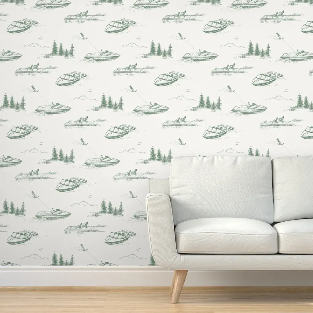 Lake House Water Skiers Peel and Stick Wallpaper - Sage Green, Ivory product