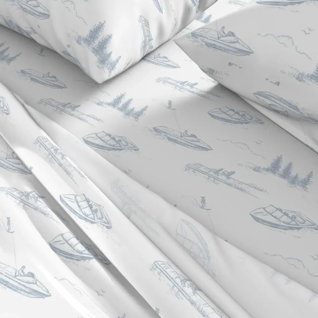 Lake House Water Skiers Twin XL Sheet Set - Blue, White alternate view