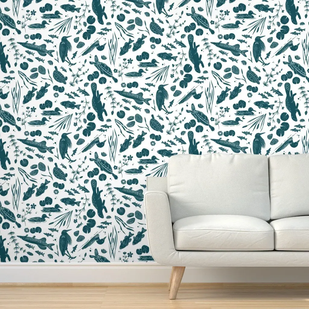 Lake Life Aquatic Plants & Animals Peel and Stick Wallpaper - Teal product