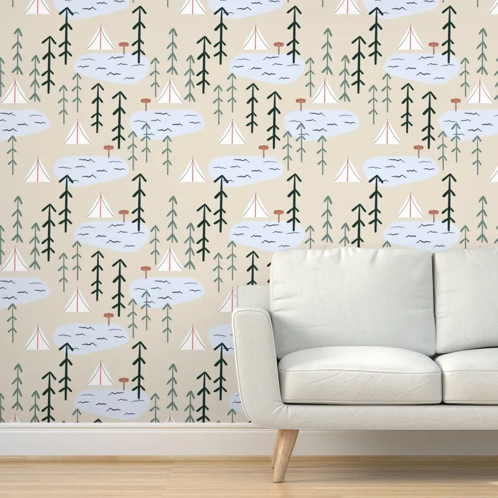 Lake Life Camping Tent Forest Peel and Stick Wallpaper - Beige product