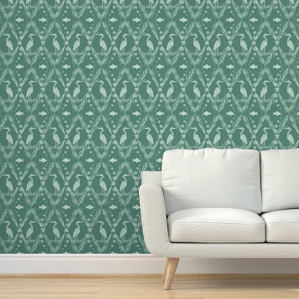 Lake Life Damask Herons Carps Frogs Peel and Stick Wallpaper - Sage Green product