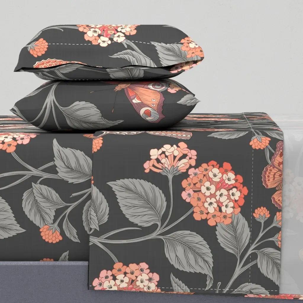 Lantana And Butterfly Full Sheet Set - Charcoal Grey, Pink product