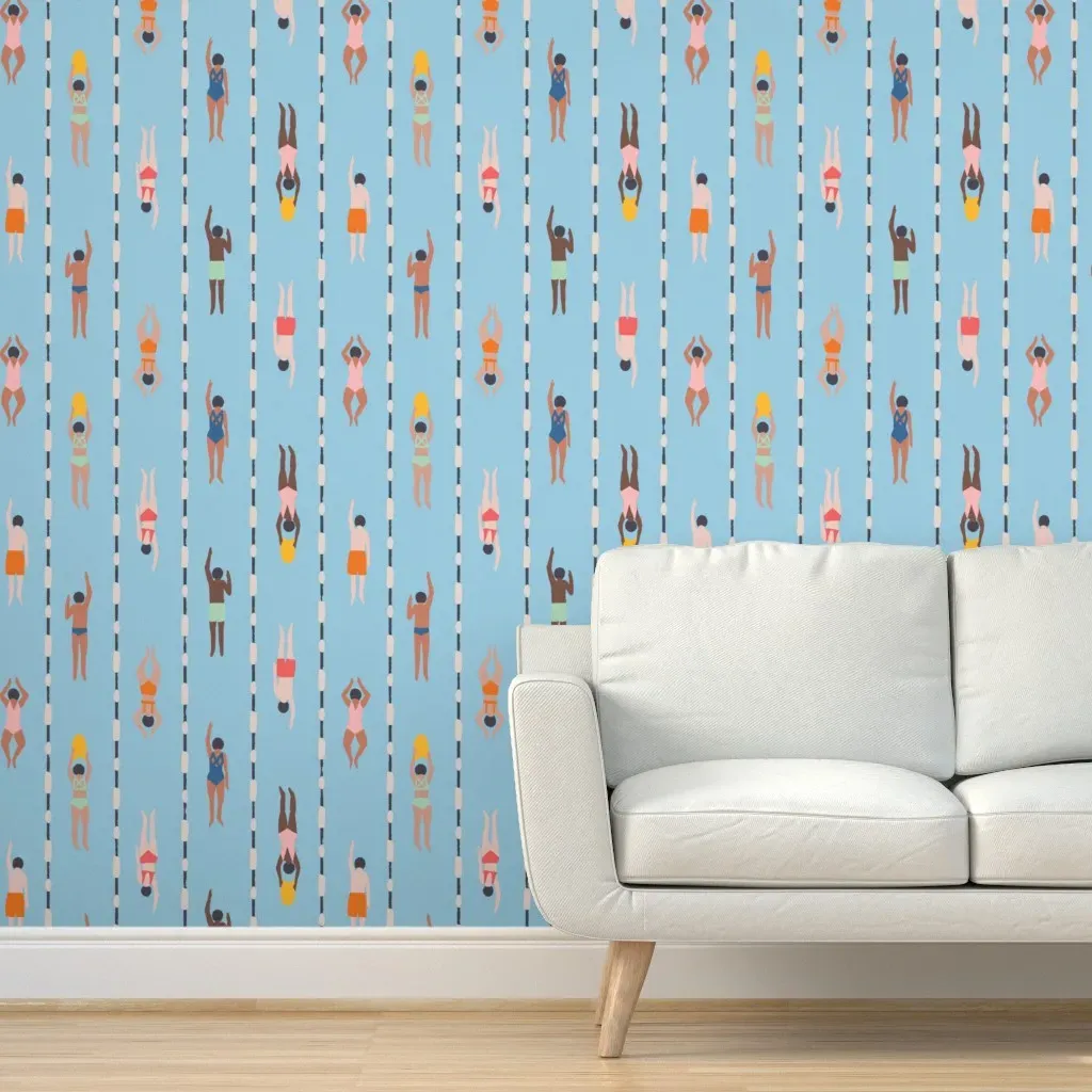 Lap Swimmers Swimming Pool Peel and Stick Wallpaper - Blue, Multicolor product