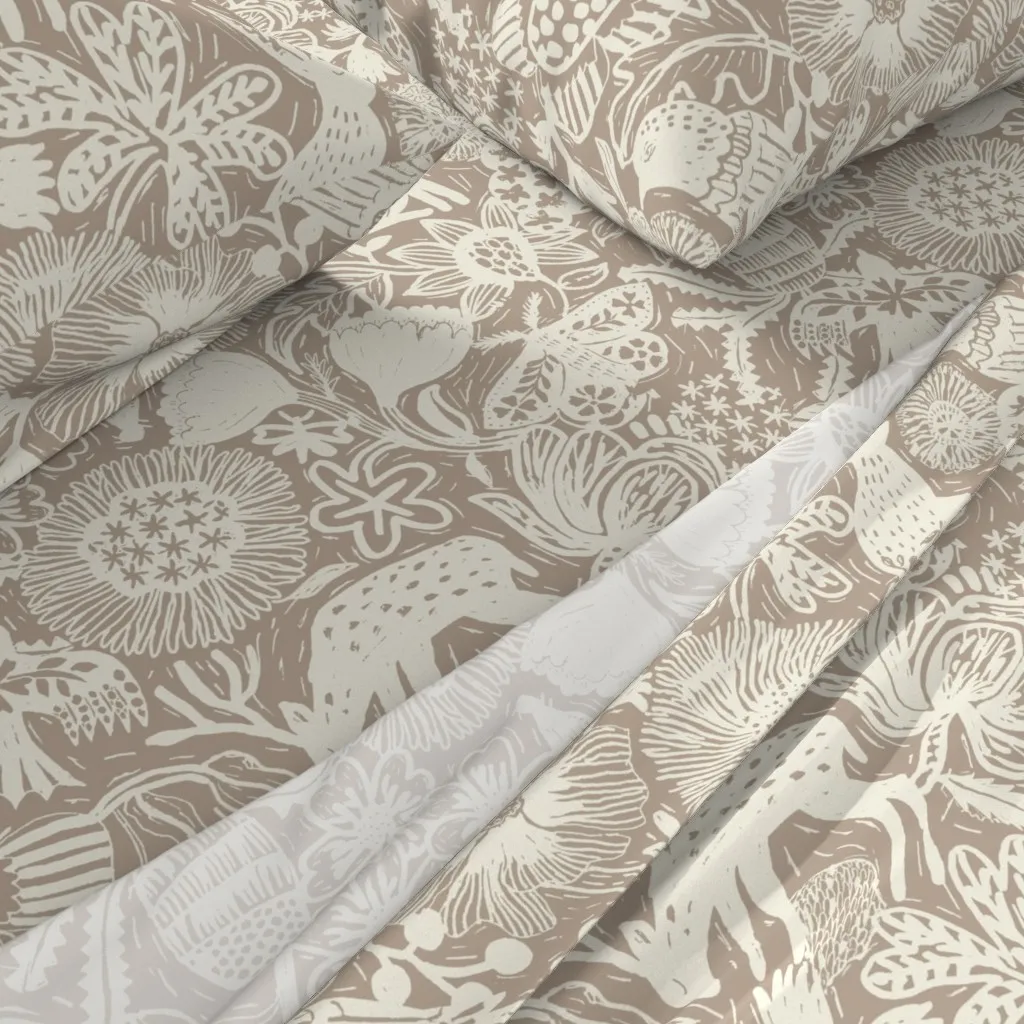 Large Block Print Linocut Floral Woodland Animals Queen Sheet Set - Off-White alternate view