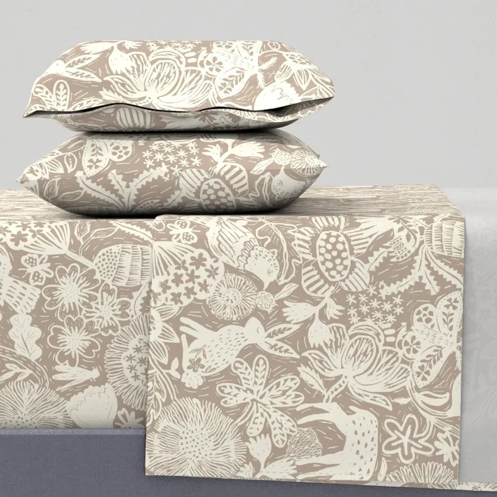 Large Block Print Linocut Floral Woodland Animals Queen Sheet Set - Off-White product