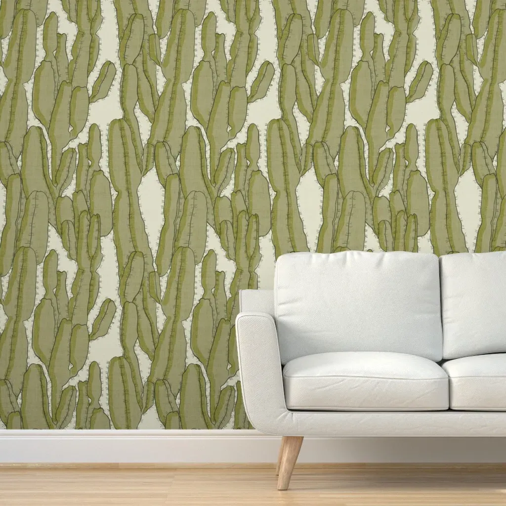 Large Cactus Western Peel and Stick Wallpaper - Muted Green, Linen product