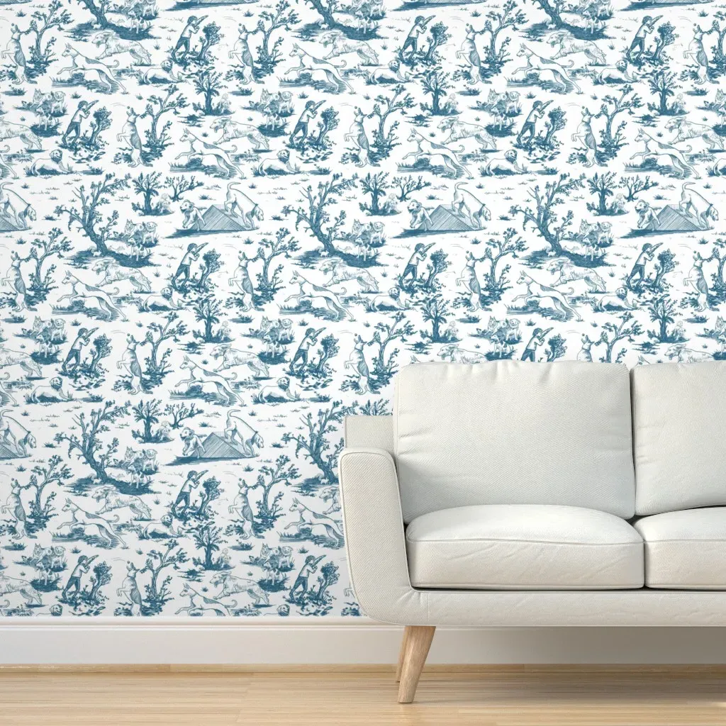 Large Dog Park Toile De Jouy Peel and Stick Wallpaper - Regency Blue product