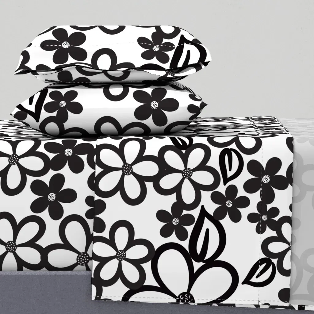 Large Floral Queen Sheet Set - Black, White product