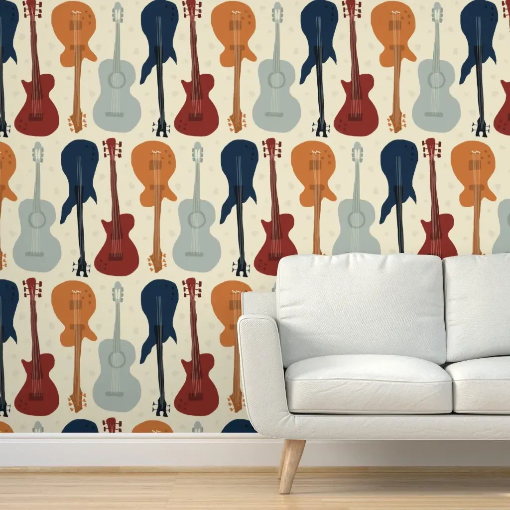 Large Guitars Mid Century Peel and Stick Wallpaper - Burgundy product