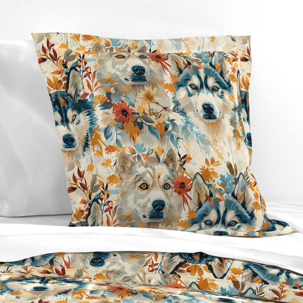 Large Huskies In Nature Fall Botanical Foliage Euro Pillow Sham - Blue product