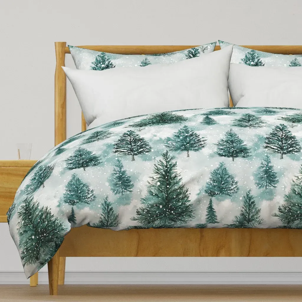 Large Pine Forest Watercolor Duvet Cover - Teal product