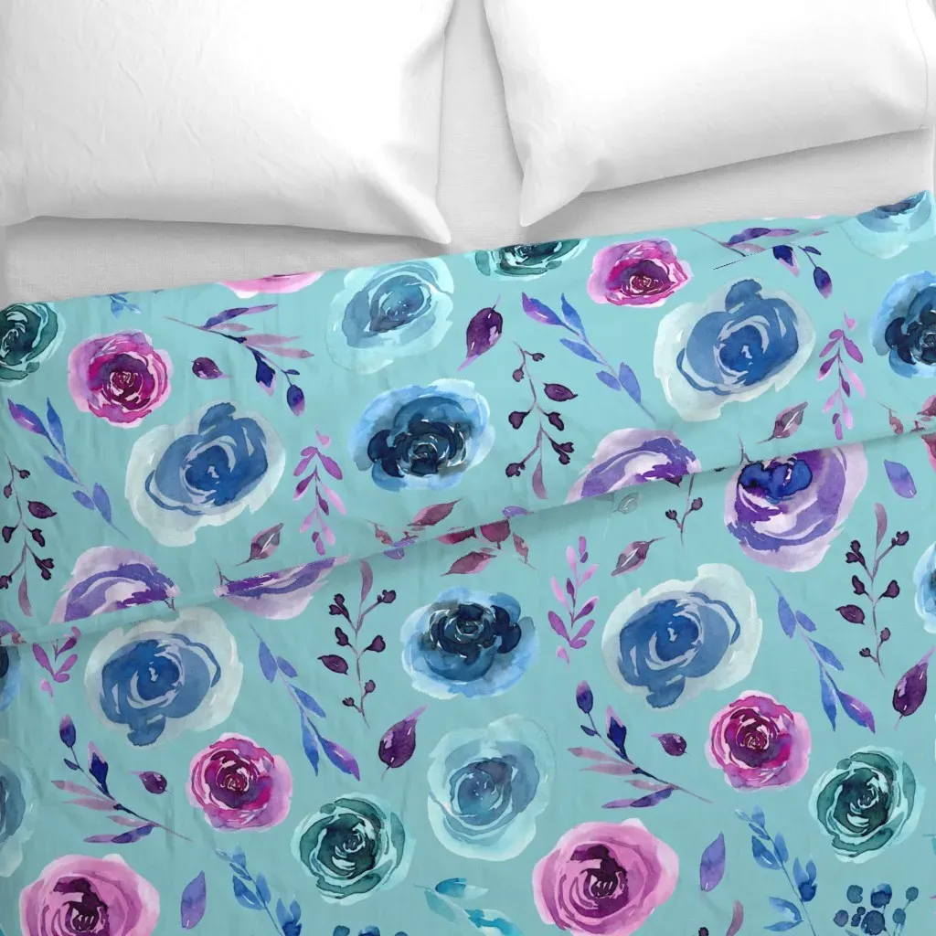 Large Purple and Blue Floral Duvet Cover - Blue alternate view