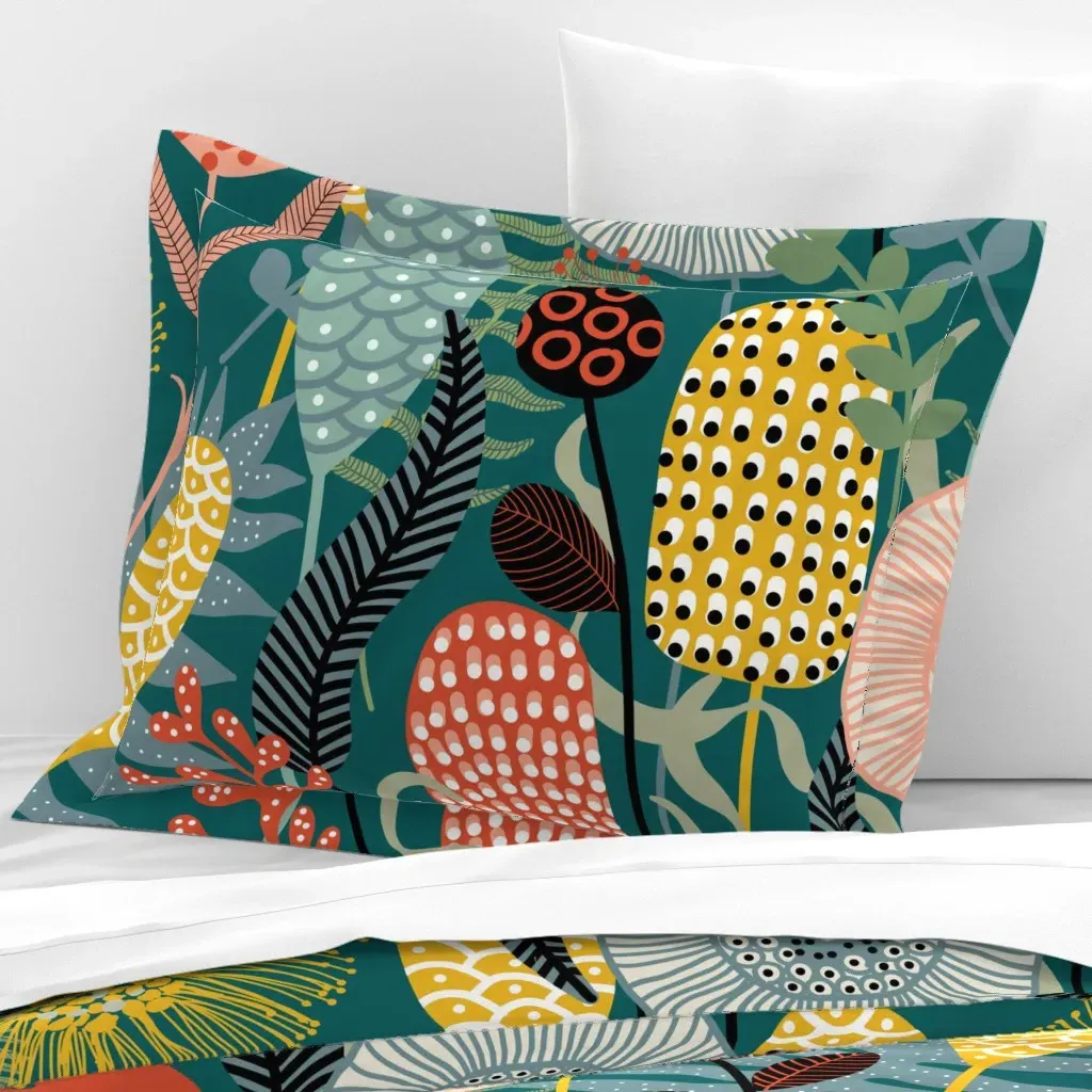 Large Retro Garden Midnight Flanged Cushion Cover - Teal, Cotton Sateen product