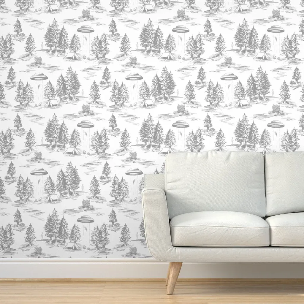 Large-Scale Alien Abduction Toile De Jouy Peel and Stick Wallpaper - Gray, White product
