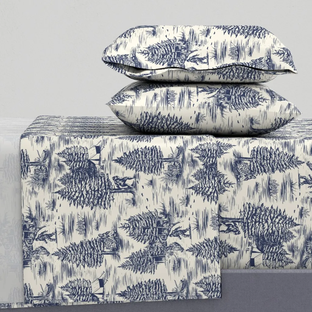 Large-Scale Bigfoot Sasquatch Toile De Jouy Queen Sheet Set - Navy Blue product
