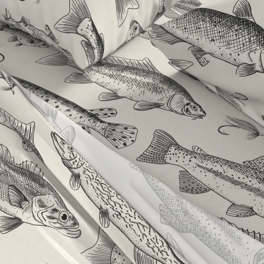 Large Scale Charcoal Black Freshwater Fish Toile Twin Sheet Set alternate view