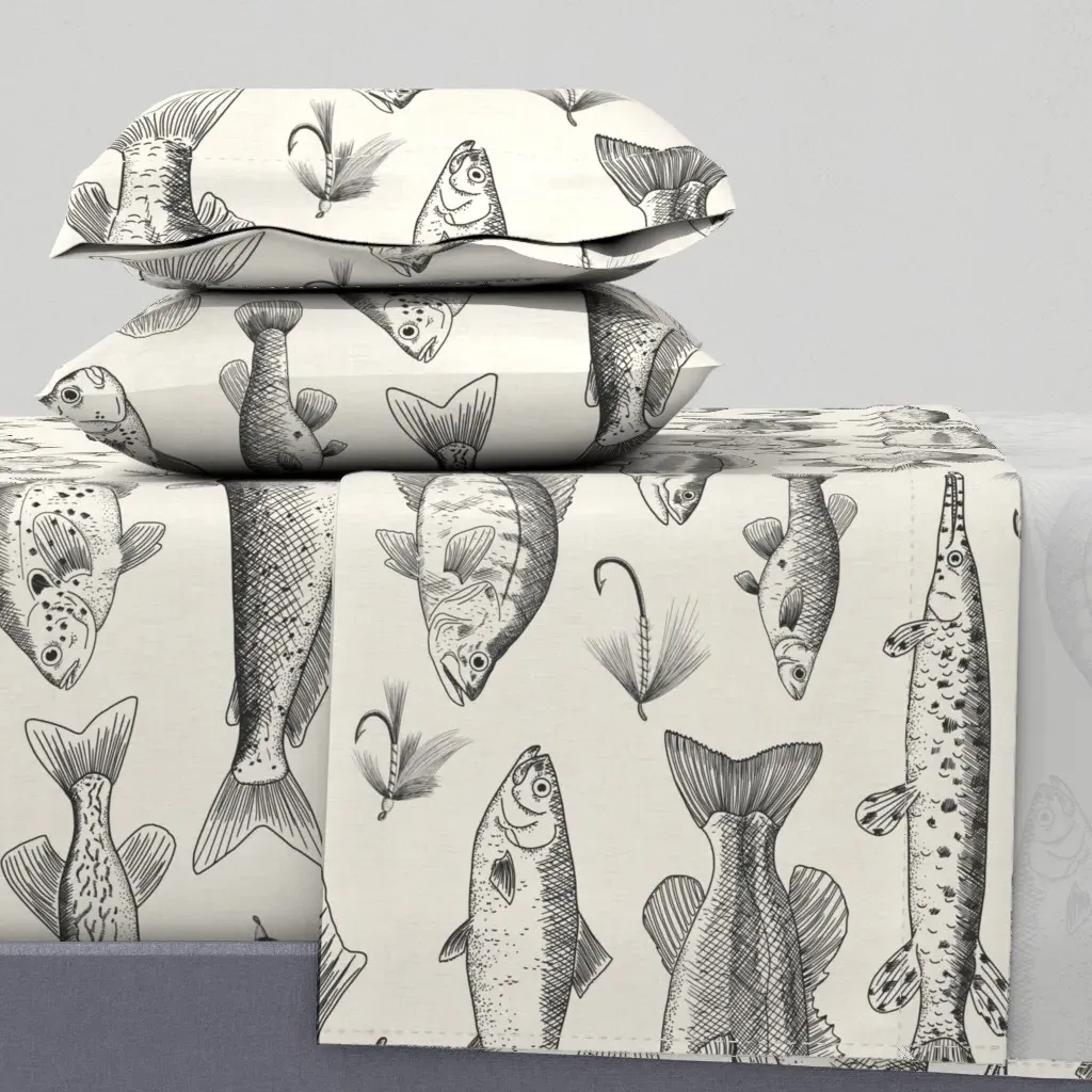 Large Scale Charcoal Black Freshwater Fish Toile Twin Sheet Set product